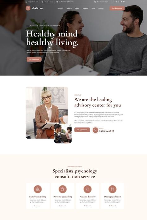 Medicum is a psychology and counseling WordPress theme for the people who needs a boost in their online presence. This theme main purpose to built specifically for creating sites for psychologist, counselor, or therapist. We believe that if you want to quickly create a professional-looking website to promote your services, this theme is perfect for that. Therapy Website Design, Therapy Website, Design Sites, Health Psychology, Counseling Psychology, Business Website Design, Squarespace Website Design, Web News, Webpage Design