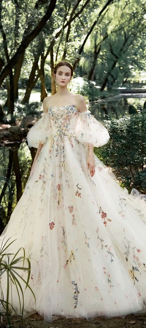 Fairycore Wedding Dress Fairycore Wedding Dress, Fairycore Wedding, Floral Print Wedding Dress, Forest Wedding Dress, Puffy Wedding Dresses, Fairytale Bridal, Fairy Tale Wedding Dress, Wedding Dresses With Flowers, Floral Wedding Dress