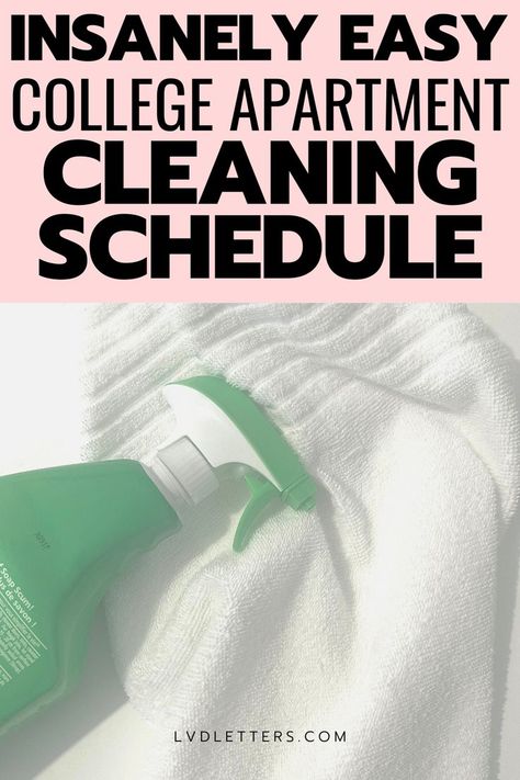 how to get your roommates to clean - your guide to cleaning with roommates! insanely easy college apartment cleaning schedule. Picture of spray bottle and towel laying on apartment table Cleaning Schedule For Roommates, Apartment Cleaning Checklist, Checklist For College, Apartment Cleaning Schedule, Roommate Chore Chart, Student Cleaning, Free Printable Cleaning Schedule, Dorm Cleaning, Easy Cleaning Schedule