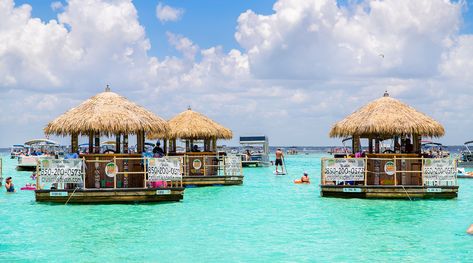 Which beach has the clearest water in Florida? - Ocean Reef Resorts Floating Tiki Bar, Miramar Beach Florida, Boat Bar, Floating Boat, Okaloosa Island, Ocean Reef, Miramar Beach, Anna Maria Island, Destin Florida