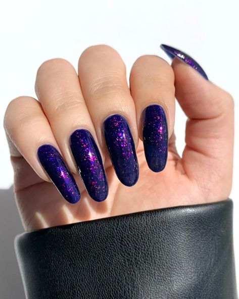 indigo jelly, with hints of iridescent red-orange-green and violet-red-orange flakies Dark Spells, Midsummer Dream, Nail Essentials, Brave Enough, Purple Love, Make It Through, Nail Lacquer, Beautiful Nails, Brave