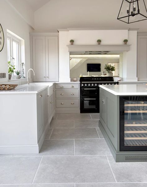 Hambleton Grey Stone Effect Porcelain Tiles | Quorn Stone Farrow And Ball Kitchen, Shaker Style Kitchen Cabinets, Grey Kitchen Floor, Light Grey Kitchens, Kitchen Cabinet Trends, Shaker Style Kitchens, Kitchen Cabinet Styles, Shaker Kitchen, Kitchen Floor Tile