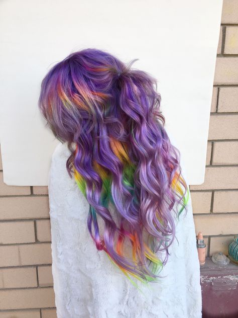 Rainbow Hair with Peek-a-Boo Highlights: Surprise Everyone with Summer Brights Rainbow Babylights, Exotic Hair Color, Pastel Rainbow Hair, Babylights Hair, Dyed Hair Ombre, Unicorn Hair Color, Purple Balayage, Light Purple Hair, Pink Ombre Hair