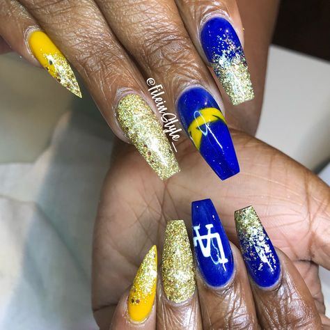 Los Angeles Nails Design, Charger Nails, Chargers Nails, Football Nails, Sky Nails, Nail Pictures, Nail Art Designs Diy, Nail Stuff, San Diego Chargers