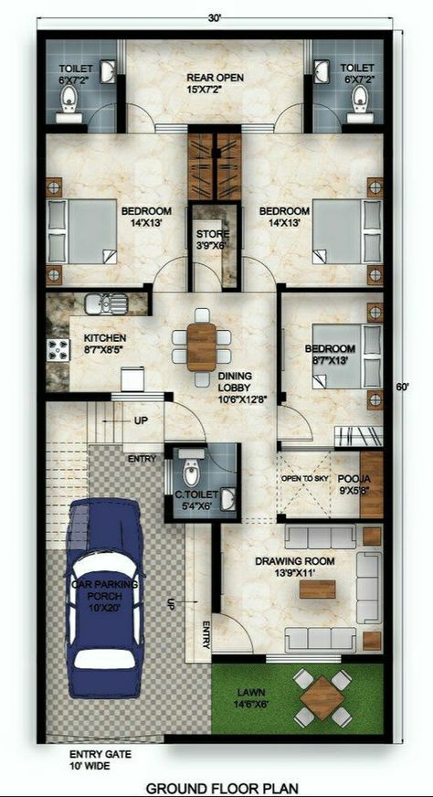 25×50 House Plan East Facing, 30 X 60 House Plans Layout, 40x60 House Plan, 30x60 House Plans, Small House Design Floor Plan, 40x60 House Plans, 30x50 House Plans, Reka Bentuk Bilik Tidur, Budget House Plans