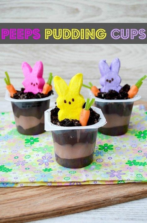 Peeps Pudding Cups and lots of great Easter party ideas for kids Easter Pudding Cups, Orange Starburst, Dirt Pudding Cups, Dirt Pudding, Oreo Dirt, Bunny Peeps, Pudding Cup, Easter Party Food, Easy Easter Desserts