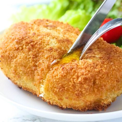 Homemade Chicken Kiev Baked Chicken Kiev, Kiev Recipe, Chicken Kiev Recipe, Herbed Butter, Crispy Chicken Breast, Chicken Kiev, Salmon Patties Recipe, Salmon Patties, Food Stands