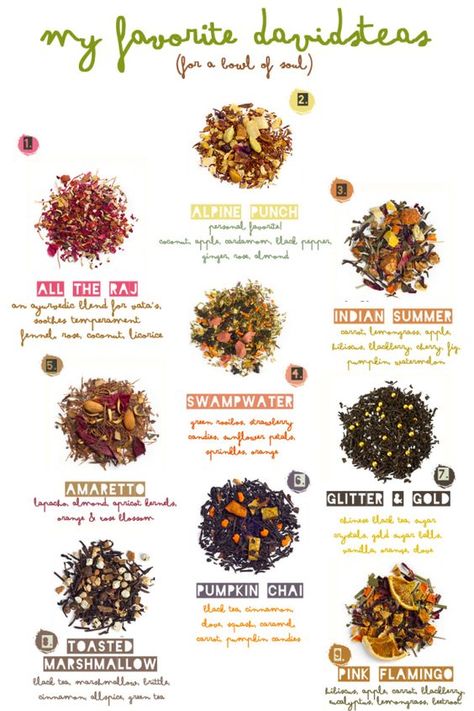 Favorite DAVIDsTEAs // The Baking Bird: Types Of Teas, Tea Blends Recipes, Artisan Tea, Davids Tea, Healing Tea, Homemade Tea, Herbal Teas Recipes, Tea Diy, Herbal Tea Blends