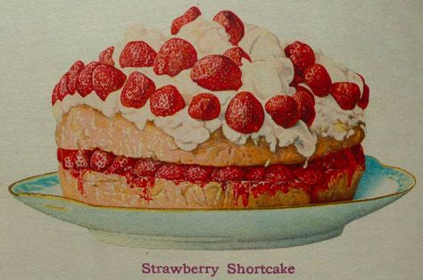 Strawberry Shortcake Pie Images, Vintage Food Posters, Desserts Drawing, Retro Desserts, Short Cake, Dessert Illustration, Doughnut Cake, Pastry Art, Color Illustration