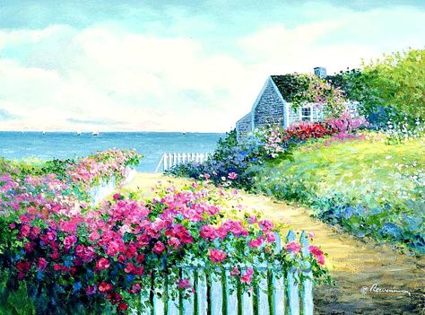 Rowenna Anderson - "Summer Cottage" Cottage By The Sea Painting, Sumer Landscape, Sea Illustrations, Marthas Vinyard, Cottage Illustration, Cottages By The Sea, Josephine Wall, Sea Illustration, Watercolor Landscapes