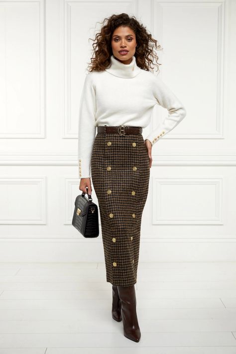 Holland Cooper | Knightsbridge Chocolate Houndstooth Maxi Skirt | Autumn • Winter Fashion Maxi Skirt Fall, Holland Cooper, Skirt Collection, Houndstooth Pencil Skirt, Pencil Silhouette, Button Skirt, Houndstooth Dress, Classic Wardrobe Staples, Traditional Fashion