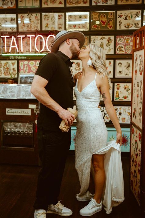 Krista + Will | A Classic Elvis Vegas Wedding with Tattoos and Desert Adventures |  444 tattoo ideas couple hand Tattoo Shop Wedding, Vegas Couple Tattoos, Vegas Elopement Ideas Photography, Vegas Wedding Tattoo, Wedding Day Tattoo, Elvis Vegas, Downtown Tattoo, Tattoo Ideas Couple, 444 Tattoo Ideas