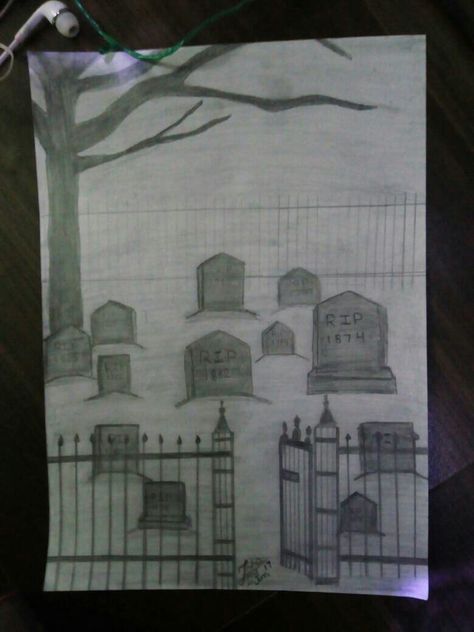 Creepy Cemetery Drawing, Easy Graveyard Drawing, Cemetery Drawing Easy, Cemetery Drawing Graveyards, How To Draw A Graveyard, Creepy Landscape Drawing, Graveyard Drawing Reference, How To Draw A Spooky Tree, Haunted Drawing Ideas