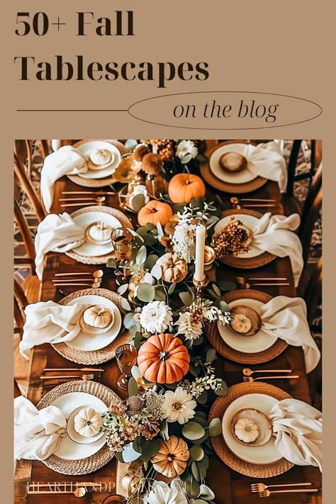 A beautifully arranged fall tablescape with pumpkins, candles, and tableware. Mismatch Candle Centerpieces, Burnt Orange Thanksgiving Table, Fall Tablesetting Ideas, Thanksgiving Table Settings Square Table, Fall Party Tablescapes, Thanksgiving Table Set Up Ideas, Table Setting For Thanksgiving, Fall Brunch Tablescape, Fall Party Ideas Decoration