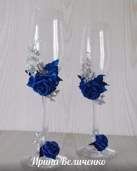 Glass Decor ideas Royal Blue And Silver Bridal Party Dresses, Quince Wine Glasses, Royal Blue And Silver Quinceanera Decorations, Royal Blue Wedding Theme Decorations, Royal Blue Wedding Dress The Bride, Royal Blue And Silver Party Decorations, Blue Wedding Theme Color Schemes, Royal Blue Quince Cake, Quinceñera Decoration Ideas