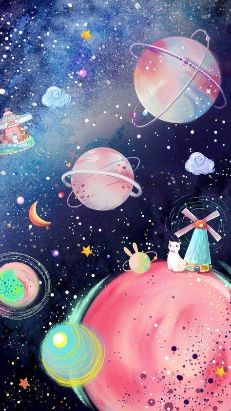 Planets Wallpaper, Space Illustration, Wallpaper Pastel, Wallpaper Space, Iphone Background Wallpaper, Pastel Wallpaper, Kawaii Wallpaper, Cute Backgrounds, Cute Wallpaper Backgrounds