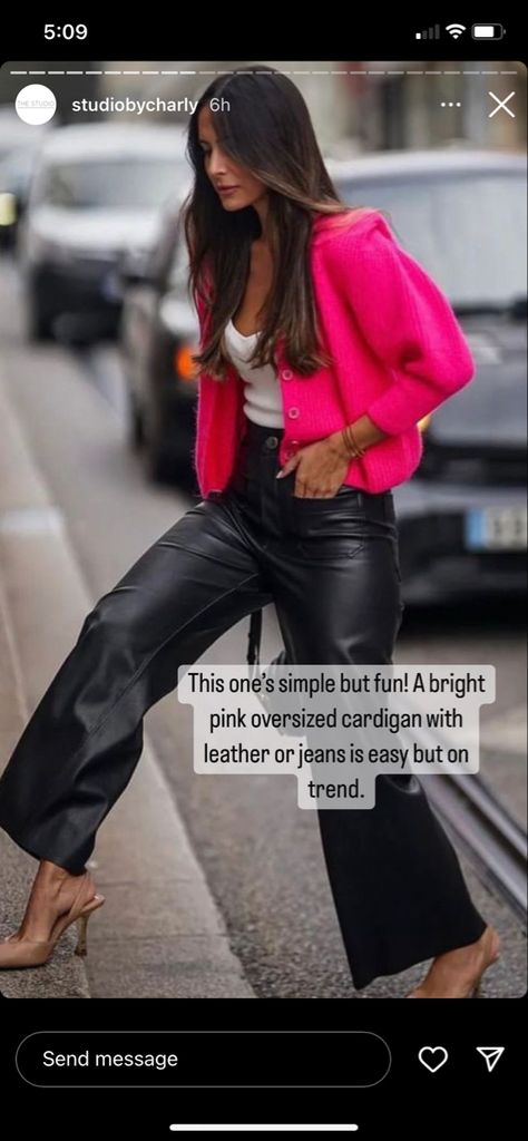 Fushia Jacket Outfit, Fushia Cardigan Outfit, Fuschia Jacket Outfit, Fucsia Outfit Combination, Fushia Blazer Outfit, Fuschia Blazer Outfit, Pink Sweater Outfit Fall, Pink Leather Jacket Outfit, Hot Pink Blazer Outfit