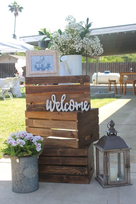 Crate Decor Ideas Wedding, Wooden Crate Wedding Decor, Wedding Crate Decor, Crate Decor Ideas, Wooden Crate Decor, Wooden Crates Wedding, Wedding Crates, Baptism Decor, Crate Decor