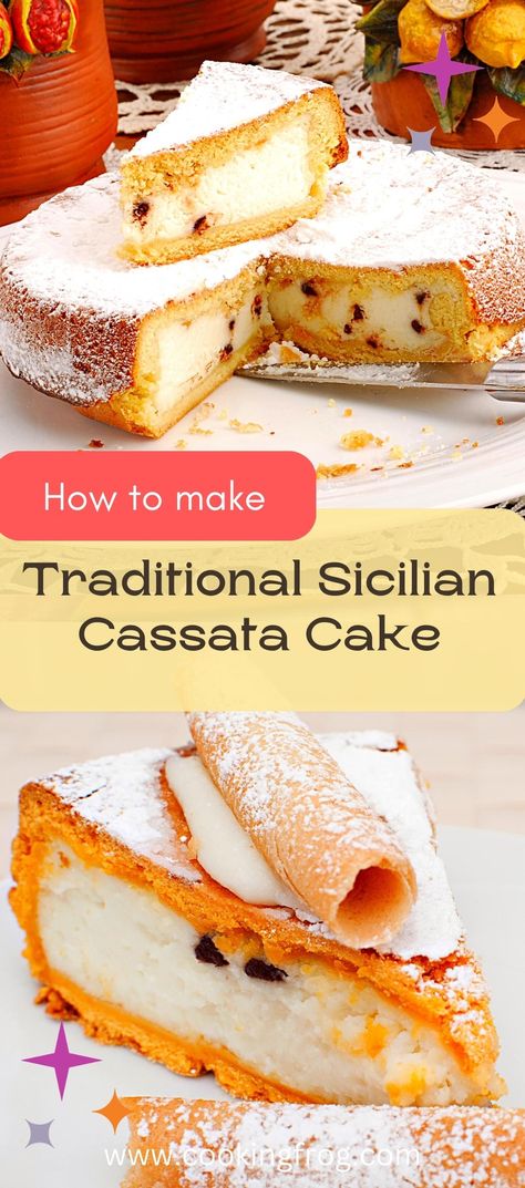 Let's go on a culinary adventure to the heart of Sicily, where we'll find the delicious Sicilian Cassata Cake. This mouthwatering dessert is a short-crust cake filled with a creamy mix of sweetened sheep's ricotta and dark chocolate drops. Cassata Cake Recipe, Chocolate Gelato Recipe, Lemon Ricotta Cake Recipes, Sicilian Cuisine, Cassata Cake, Italian Desert, Cake Easy Recipe, Italian Desserts Easy, Short Pastry