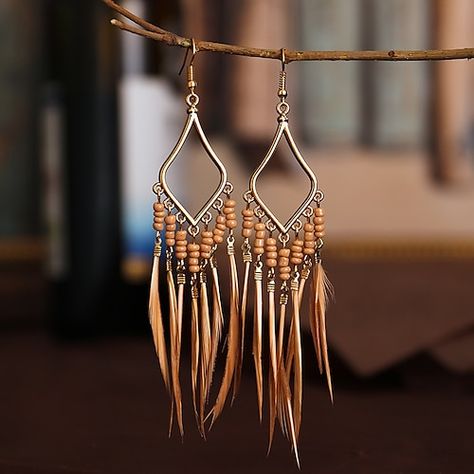 Gender:Women's; Quantity:1 Pair; Theme:Feather; Shape:Geometric; Style:Boho,Simple,Stylish; Width of Earrings:2.2; Jewelry Type:Drop Earrings; Occasion:Party,Holiday; Material:Chrome; Length of Earrings:12; Design:Geometrical; Front page:WE; Shipping Weight:0.05; Package Dimensions:30.010.05.0; Listing Date:03/09/2022 Vintage Bohemian Style, Estilo Hippie, Boho Feathers, Beaded Tassel Earrings, Rice Bead, Enamel Flower, Bohemian Earrings, Beaded Dangle Earrings, Coffee Colour