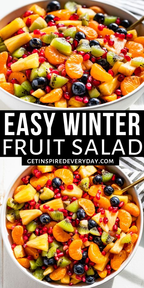 This Winter Fruit Salad is super fresh, juicy, and tossed with a honey lime dressing that makes it irresistible! Deep into the winter months, there’s still plenty of fruit ‘in season’ so to speak for all those fresh produce cravings. Sweet pineapple combines together with kiwi and mandarin oranges, with a bright pop of juicy pomegranate arils, and some optional blueberries. It’s perfect alongside so many recipes for brunch, potlucks, and holiday meals as well. Breakfast Fruit Salad Healthy, Easy Christmas Fruit Salad, Christmas Brunch Salad, Easy Winter Fruit Salad, Winter Fruit Salad Christmas, Berry Fruit Salad Recipe, Fruit For Christmas Party, Chopped Fruit Salad, Brunch Fruit Platter