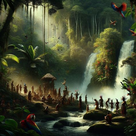 Ceremonial gathering in the tropical rainforest #RainforestRituals #TropicalGathering #ExoticVibes Fantasy Rainforest, Jungle People, Rainforest Tribes, Tropical City, African Rainforest, Spirit Island, African Superhero, Fantasy Inspo, Pin Wall