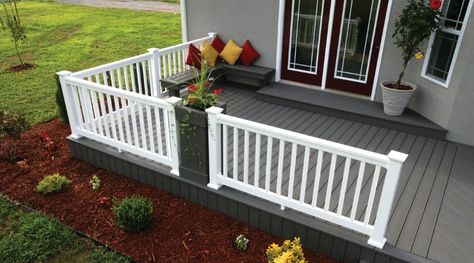 Creative Deck Ideas, Grey Deck, Deck Stain Colors, Pvc Pool, Deck Restoration, Vinyl Railing, Deck Stain, Deck Makeover, Colorful Patio