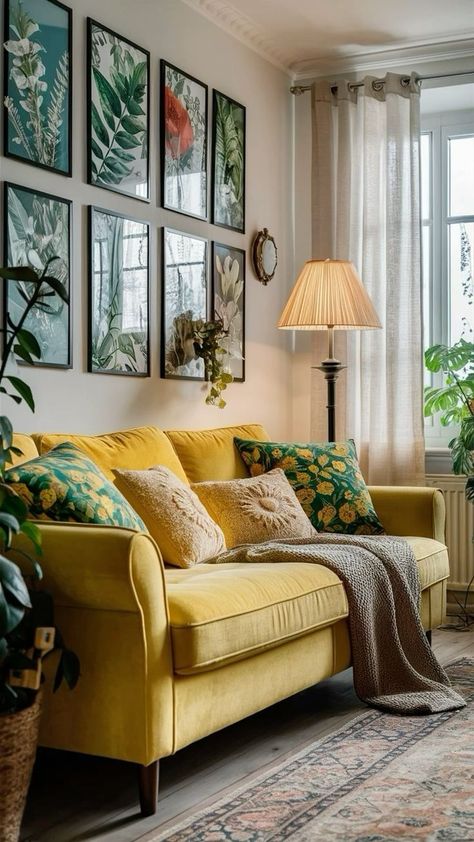 Green And Yellow Living Room Decor, Mustard Sofa Living Room Ideas, Living Room Yellow Sofa, Yellow Sofa Living Room Ideas, Yellow Sofa Living Room, Yellow Decor Living Room, Patterned Pillows, Colourful Living Room Decor, Yellow Sofa