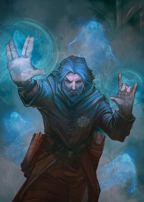 Mage casting spells - male RPG character for DnD or Pathfinder  I'm assuming the hand positions are a joke.  Magi by mattforsyth.deviantart.com on @DeviantArt Illustration Fantasy, Fantasy Wizard, Dragon Blood, Human Male, Dungeons And Dragons Characters, Dnd Art, The Wizard, Arte Fantasy, Magic Art