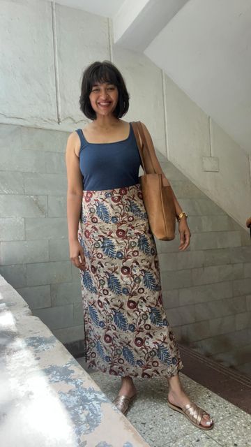 Rachana Mahadimane on Instagram: "Skirts over pants anyday!😬 A beautiful Kalamkari fabric I picked up on one of my travels years ago, finally had it tailored into a skirt. ##tailoredclothing #tailoredfit #skirts" Kalamkari Pants Outfit, Kalamkari Pants, Kalamkari Outfits, Skirts Over Pants, Kalamkari Fabric, Dresses By Pattern, A Skirt, Circle Skirt, Pants Outfit