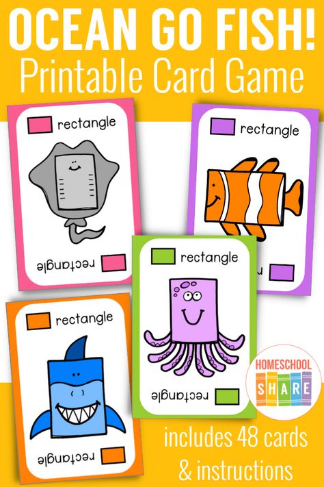 Ocean Theme Printables Free, Ocean Printables Free Preschool, Ocean Animal Math Activities Preschool, Fish Matching Game Free Printable, Ocean Animals Math Preschool, Ocean Shapes, Go Fish Card Game, 2d Shape Games, Ocean Animals Preschool