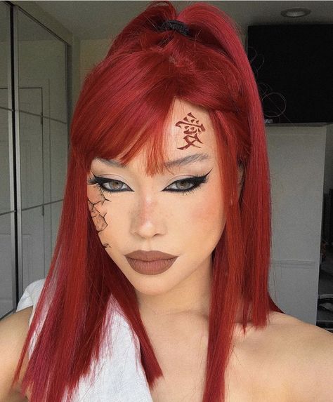 Ninja Makeup, Red Hair Cosplay, Red Hair Halloween, Red Hair Costume, Gaara Cosplay, Red Hair Halloween Costumes, Red Hair Makeup, Khol Eyeliner, Anime Eye Makeup