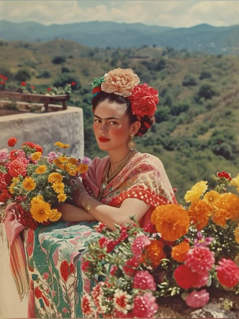 A Mexican lady with a large uni-brow is on top of a beautiful terrace with flowers and a view, in the style of nickolas muray, dignified poses, 1940's, Frida. --ar 12:16 --stylize 350 Frida Khalo Flowers, Frida Khalo Aesthetic, Frida Kahlo Pictures, Vintage Mexican Fashion, Frida Kahlo Photos, Frida Aesthetic, Frida Kahlo Aesthetic, Friday Khalo, Frida Khalo Photography