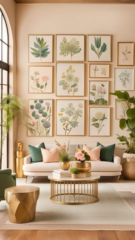 Colorful Boho Interior, Floral House Interior, Floral House Decor, Living Room Esthetics, Over The Sofa Wall Decor Ideas, Floral Living Room Decor, Floral Interior Decor, Floral Gallery Wall, Floral Interior Design