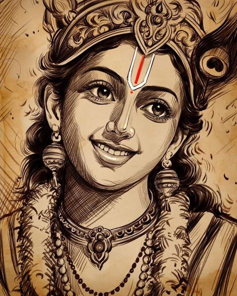 Art Sketches Krishna, Potraits Pics Drawing, Cute Krishna Sketch, Telugu Project Cover Page Design, Hindu God Sketch, Krishna Lines, Krishna Drawing Sketch, Kali Painting, Gods Drawing