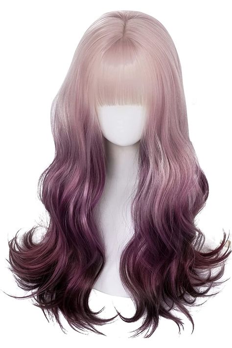 Wave Curly Hair, Curly Wig With Bangs, Gradient Hair, Purple Gradient, Cosplay Hair, Fake Hair, Harajuku Style, Pretty Hair Color, Wedding Gold