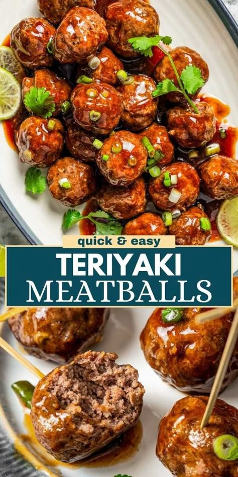 Looking for quick, easy dinner ideas? Try these broiled teriyaki meatballs. They're ready in 35 minutes and the homemade teriyaki sauce that coats them is exploding with savory-sweet, tangy flavor. Recipes With Teriyaki Sauce, Meatball Sauce Recipes Easy, Teriyaki Meatballs Crockpot, Meatball Sauce Recipes, Quick Appetizers Last Minute, Easy Teriyaki Meatballs, Diethood Recipes, Teriyaki Meatballs Recipe, Meatballs Sauce Recipe