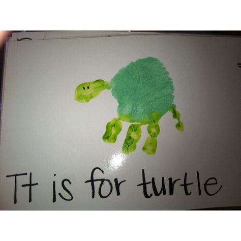 Abc handprint book...only paint fingers halfway T Handprint Craft, Hand Print Turtle, Letter T Handprint Craft, T Is For Turtle Handprint, Turtle Handprint Craft, Baby Footprint Art Abc, Letter G Handprint Craft, Handprint Turtle, Abc Handprint Art