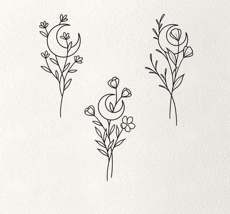 Trio Simple Tattoo, Group Of Four Tattoo Ideas, Flower Trio Tattoo, Simple Tattoos Floral, Sun Moon And Flower Tattoo, Plant Tattoo Minimalist, Plant Tattoos Simple, Floral Rib Tattoos For Women, Small Trio Tattoos