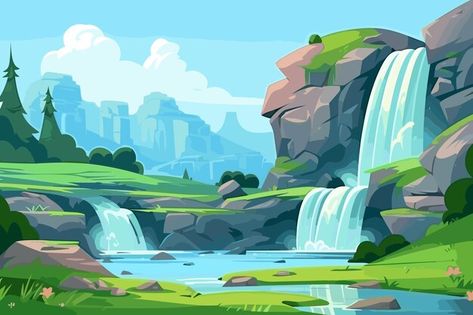 Waterfall Illustration Vector, Game Art Background, Lagoon Illustration, Cartoon Waterfall, Vector Landscape Illustration, Waterfall Illustration, Land Resources, Water Cascade, Landscape Waterfall