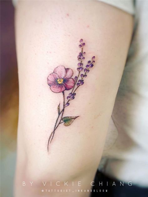 Watercolor tattoo ideas for women, include flower tattoo, butterfly tattoos, and lavender tattoo design and more. If you want to try watercolor tattoos, you can browse our website from time to time. #watercolortattoo #tattooideas #tattoodesigns Lavender Bouquet Tattoo, Altar Tattoo, Intuitive Tattoo, Watercolor Tattoo Design, Earth Altar, Pansy Tattoo, Violet Flower Tattoos, Tattoos Ideas For Women, Pine Tattoo