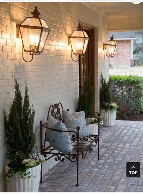 French Country Front Porch, Painted Brick House, Beautiful Exterior, Lighting Garden, Hgtv Fixer Upper, Pintura Exterior, Chip And Joanna Gaines, Brick Flooring, Garden Light