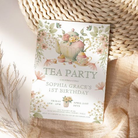 Teapot & Tea Cups Whimsical Wildflowers Birthday Invitation Birthday Party Tea Party, Fairytale Birthday, Whimsical Birthday, Tea Party Tea, Birthday Party Snacks, Cup Decorating, Tea Party Theme, Spring Tea, Spring Birthday