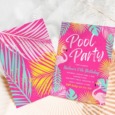 Flamingo Pool Party, Birthday Party Theme Ideas, Tropical Birthday Invitations, Flamingo Invitation, Flamingo Pool Parties, 8 Pool, Party Theme Ideas, Pool Party Birthday Invitations, Flamingo Pool