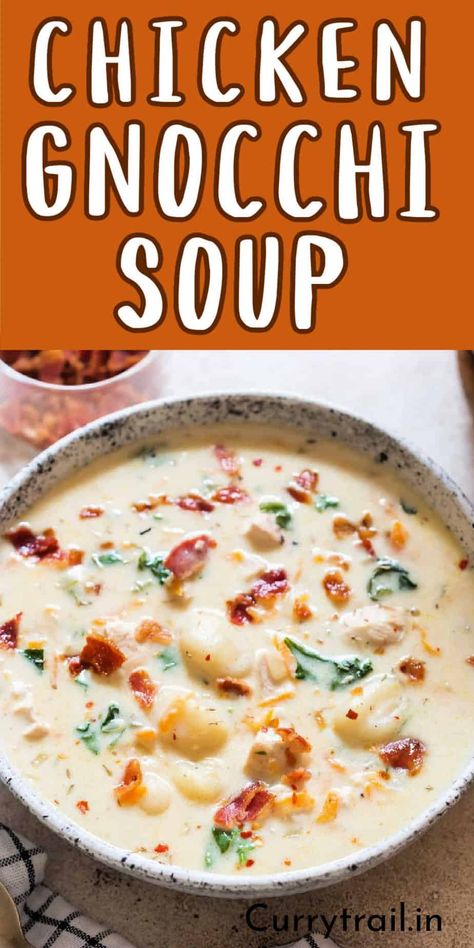 Olive garden copycat chicken gnocchi soup is comfort in a bowl. Made with everyday ingredients this creamy delicious soup can be easily made on the stove top at home in 30 minutes using leftover chicken. #gnocchisoup #chickensoup #creamychickensoup #creamysoup #wintersoup #winterdinner #souprecipe #winterrecipes #potato Potato Gnocchi Soup, Copycat Chicken Gnocchi Soup, Using Leftover Chicken, Pho Soup Recipe, Gnocchi Recipes Soup, Soup With Bacon, Olive Garden Copycat, Chicken Gnocchi, Creamy Chicken Soup