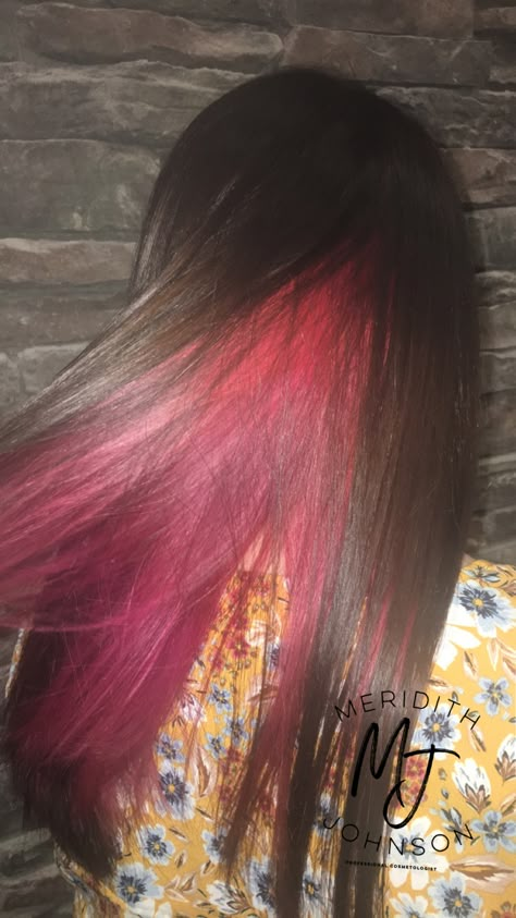 Pink Undercolor Hair, Brown And Pink Hair Underneath, Pink Streaks In Brown Hair Underneath, Brown With Pink Underneath, Pink Underdye Hair Brown, Brown Hair Pink Underneath, Pink Hair Underneath Brown, Dark Brown Hair With Pink Underneath, Brown Hair With Pink Ends