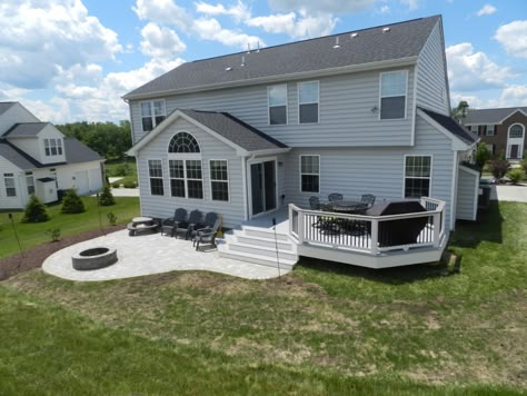 Gallery | Affordable Decks and Additions Tiered Concrete Patio, Deck And Patio Combo Backyards, Patio Off Of Deck Ideas, Deck To Patio Transition, Deck And Patio Combo, Deck Redo, Country Cottage Decorating Ideas, Cottage Decorating Ideas, Patio Addition