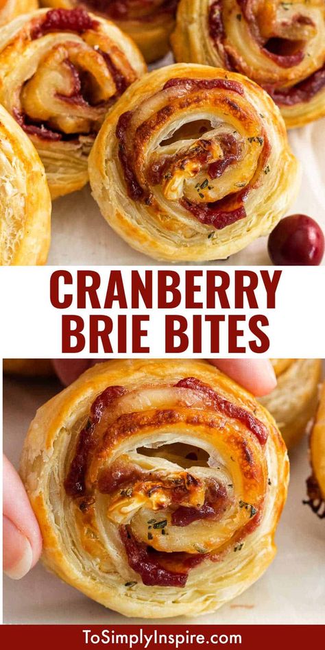 Brie Cranberry Appetizer, Puff Pastry App, Brie Appetizer Bites, Cranberry Appetizer, Cranberry Brie Bites, Cranberry Bites, Easy Puff Pastry Recipe, Puff Pastry Pinwheels, Brie Cranberry