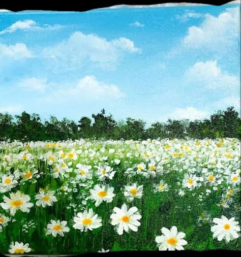 Natural Painting Easy, Acrylic Painting Canvas Acrylic Painting Canvas Landscapes, Easy Flower Landscape Painting, Field Of Daisies Drawing, Daisy Field Drawing, Flower Scenery Painting Easy, Diy Daisy Painting, Oil Painting Landscape Easy, Field Of Daisies Painting