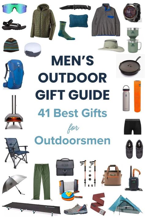 Product images of gifts ideas for outdoorsmen. Text reads "Men's Outdoor Gift Guide: 41 Best Gifts for Outdoorsmen" Gifts For Outdoorsmen, Best Hiking Gear, Outdoorsman Gifts, Outdoor Adventure Gear, Outdoor Gifts, Outdoor Equipment, Adventure Gear, Outdoor Gift, Enjoy Nature